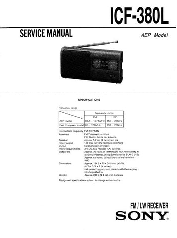 SONY ICF-380L FM LW RECEIVER SERVICE MANUAL INC PCBS SCHEM DIAG AND PARTS LIST 10 PAGES ENG