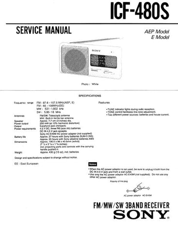 SONY ICF-480S FM MW SW 3 BAND RECEIVER SERVICE MANUAL INC PCBS SCHEM DIAG AND PARTS LIST 10 PAGES ENG