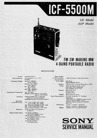SONY ICF-5500M FM SW MARINE MW 4 BAND RADIO SERVICE MANUAL INC BLK DIAG PCBS SCHEM DIAG AND PARTS LIST 20 PAGES ENG
