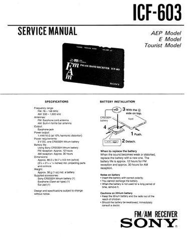 SONY ICF-603 FM MW AM RECEIVER SERVICE MANUAL INC PCBS SCHEM DIAG AND PARTS LIST 8 PAGES ENG