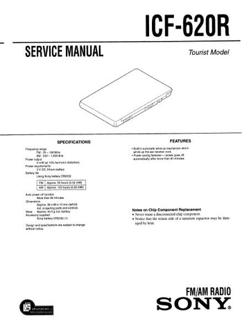 SONY ICF-620R FM AM RADIO SERVICE MANUAL INC PCBS SCHEM DIAG AND PARTS LIST 13 PAGES ENG