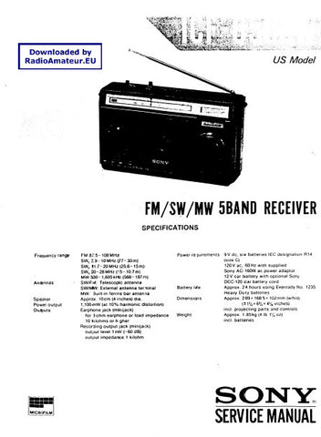 SONY ICF-6500W FM SW MW 5 BAND RECEIVER SERVICE MANUAL INC PCBS SCHEM DIAG AND PARTS LIST 15 PAGES ENG