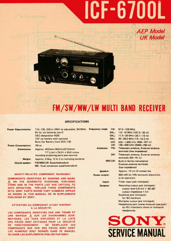 SONY ICF-6700L FM SW MW LW MULTI BAND RECEIVER SERVICE MANUAL INC BLK DIAGS PCBS SCHEM DIAG AND PARTS LIST 31 PAGES ENG
