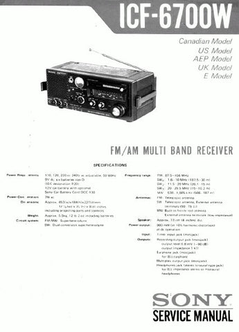 SONY ICF-6700W FM AM MULTIBAND RECEIVER SERVICE MANUAL INC BLK DIAG PCBS SCHEM DIAG AND PARTS LIST 34 PAGES ENG