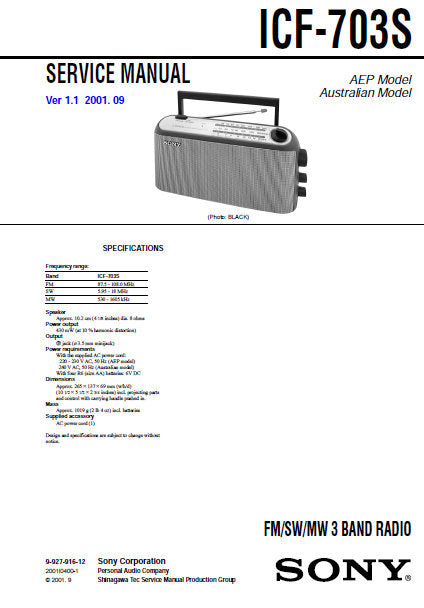 SONY ICF-703S FM SW MW 3 BAND RADIO SERVICE MANUAL INC PCBS SCHEM DIAG AND PARTS LIST 14 PAGES ENG