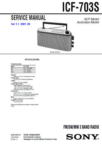 SONY ICF-703S FM SW MW 3 BAND RADIO SERVICE MANUAL INC PCBS SCHEM DIAG AND PARTS LIST 14 PAGES ENG