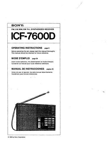 SONY ICF-7600D FM LW MW SW PLL SYNTHESIZED RECEIVER OPERATING INSTRUCTIONS 23 PAGES ENG