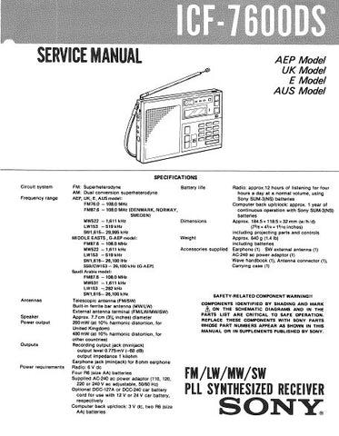 SONY ICF-7600DS FM LW MW SW PLL SYNTHESIZED RECEIVER SERVICE MANUAL INC BLK DIAG PCBS SCHEM DIAGS AND PARTS LIST 11 PAGES ENG