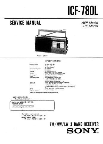 SONY ICF-780L FM MW LW 3 BAND RECEIVER RECEIVER SERVICE MANUAL INC PCBS SCHEM DIAG AND PARTS LIST 10 PAGES ENG