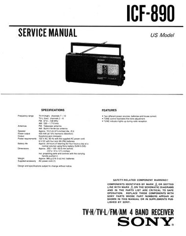 SONY ICF-890 TV-H TV-L FM AM 4 BAND RECEIVER SERVICE MANUAL INC PCBS SCHEM DIAG AND PARTS LIST 14 PAGES ENG