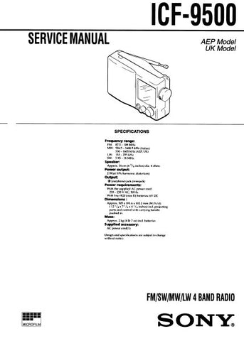 SONY ICF-9500 FM SW MW LW 4 BAND RADIO SERVICE MANUAL INC PCBS SCHEM DIAG AND PARTS LIST 10 PAGES ENG