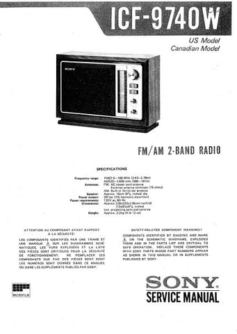 SONY ICF-9740W FM AM 2 BAND RADIO SERVICE MANUAL INC BLK DIAG PCBS SCHEM DIAG AND PARTS LIST 11 PAGES ENG