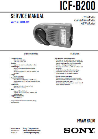 SONY ICF-B200 FM AM RADIO SERVICE MANUAL VER 1.3 INC PCBS SCHEM DIAG AND PARTS LIST 14 PAGES ENG