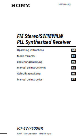 SONY ICF-SW7600GR FM STEREO SW MW LW PLL SYNTHESIZED RECEIVER OPERATING INSTRUCTIONS 242 PAGES ENG FRANC DEUT ESP NL PORT