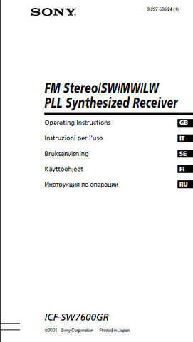 SONY ICF-SW7600GR FM STEREO SW MW LW PLL SYNTHESIZED RECEIVER OPERATING INSTRUCTIONS 202 PAGES ENG ITAL SW FI RU