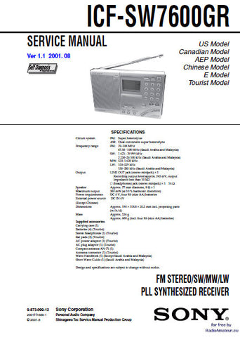 SONY ICF-SW7600GR FM STEREO SW MW LW PLL SYNTHESIZED RECEIVER SERVICE MANUAL INC BLK DIAG PCBS SCHEM DIAGS AND PARTS LIST 28 PAGES ENG