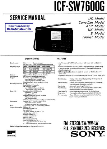 SONY ICF-SW7600G FM STEREO SW MW LW PLL SYNTHESIZED RECEIVER SERVICE MANUAL INC PCBS SCHEM DIAG AND PARTS LIST 27 PAGES ENG