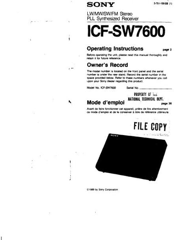 SONY ICF-SW7600 LW MW SW FM STEREO PLL SYNTHESIZED RECEIVER OPERATING INSTRUCTIONS 18 PAGES ENG