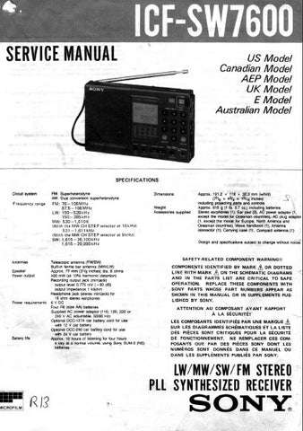 SONY ICF-SW7600 LW MW SW FM STEREO PLL SYNTHESIZER RECEIVER SERVICE MANUAL INC PCBS SCHEM DIAG AND PARTS LIST 29 PAGES ENG