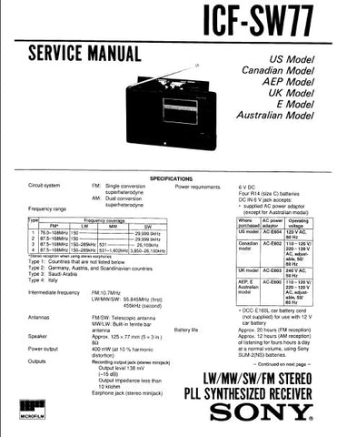 SONY ICF-SW77 LW MW SW FM STEREO PLL SYNTHESIZER RECEIVER SERVICE MANUAL INC PCBS 33 PAGES ENG