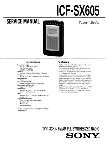 SONY ICF-SX605 TV (1-3CH) FM AM PLL SYNTHESIZED RADIO SERVICE MANUAL INC PCBS SCHEM DIAG AND PARTS LIST 16 PAGES ENG