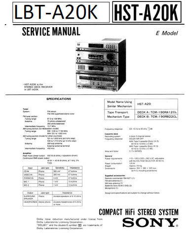 SONY LBT-A20K COMPACT HIFI STEREO SYSTEM SERVICE MANUAL INC PCBS SCHEM DIAGS AND PARTS LIST 38 PAGES ENG