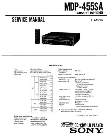 SONY MDP-455SA CD CDV LD PLAYER SERVICE MANUAL INC BLK DIAGS PCBS SCHEM DIAGS AND PARTS LIST 93 PAGES ENG