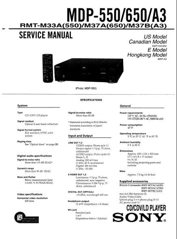 SONY MDP-550 MDP-650 MDP-A3 CD CDV LD PLAYER SERVICE MANUAL INC BLK DIAGS PCBS SCHEM DIAGS AND PARTS LIST 100 PAGES ENG