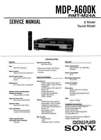 SONY MDP-A600K CD CDV LD PLAYER SERVICE MANUAL INC BLK DIAGS PCBS SCHEM DIAGS AND PARTS LIST 94 PAGES ENG