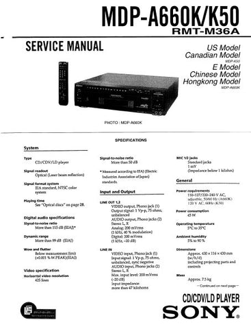 SONY MDP-A660K MDP-K50 CD CDV LD PLAYER SERVICE MANUAL INC BLK DIAGS PCBS SCHEM DIAGS AND PARTS LIST 102 PAGES ENG