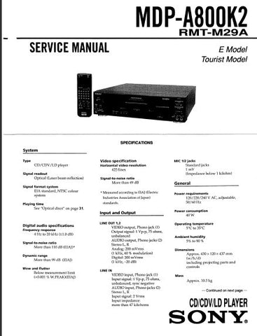 SONY MDP-A800K2 SERVICE MANUAL INC BLK DIAGS PCBS SCHEM DIAGS AND PARTS LIST 102 PAGES ENG