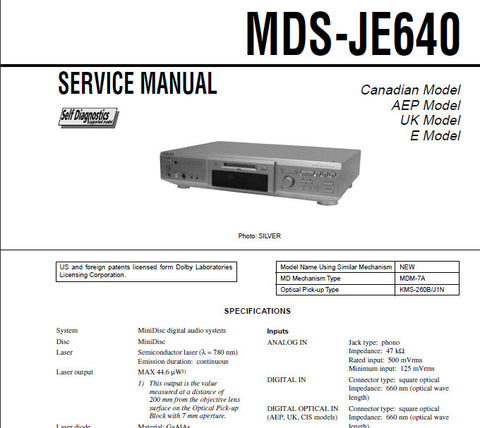 SONY MDS-JE640 MINIDISC DECK SERVICE MANUAL BOOK 66 PAGES ENG