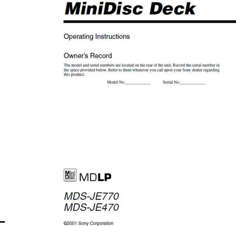 SONY MDS-JE770 MDS-JE470 MINIDISC DECK OPERATING INSTRUCTIONS BOOK 48 PAGES ENG