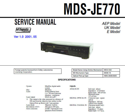 SONY MDS-JE770 MINIDISC DECK SERVICE MANUAL BOOK 72 PAGES ENG