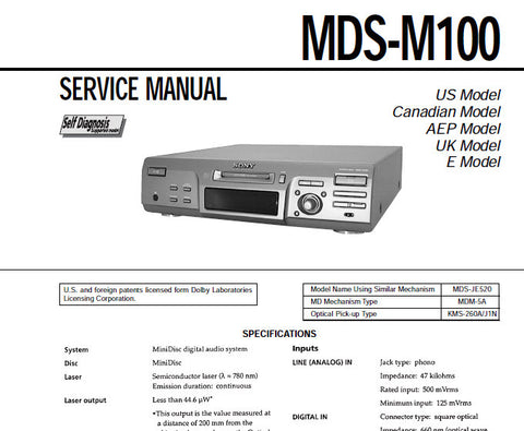 SONY MDS-M100 MINIDISC DECK SERVICE MANUAL BOOK 60 PAGES ENG