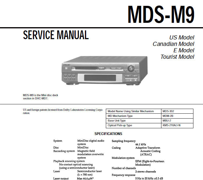 SONY MDS-M9 MINIDISC DECK SERVICE MANUAL BOOK 50 PAGES ENG