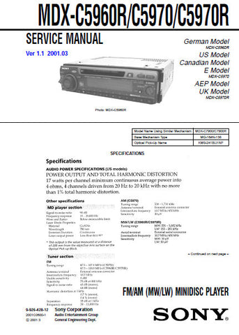 SONY MDX-C5960R MDX-C5970 MDX-C5970R FM AM MW LW MINIDISC PLAYER SERVICE MANUAL INC BLK DIAGS PCBS SCHEM DIAGS AND PARTS LIST 72 PAGES ENG
