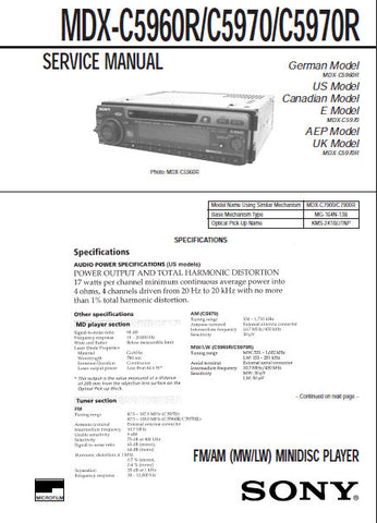 SONY MDX-C5960R MDX-C5970 MDX-C5970R FM AM MW LW MINIDISC PLAYER SERVICE MANUAL INC BLK DIAGS PCBS SCHEM DIAGS AND PARTS LIST 66 PAGES ENG