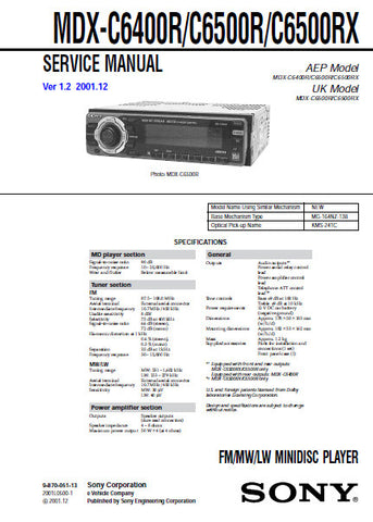 SONY MDX-C6400R MDX-C6500R MDX-C6500RX FM MW LW MINIDISC PLAYER SERVICE MANUAL INC BLK DIAGS PCBS SCHEM DIAGS AND PARTS LIST 64 PAGES ENG