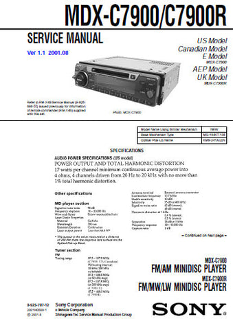 SONY MDX-C7900 FM AM MINIDISC PLAYER MDX-C8900R FM MW LW MINIDISC PLAYER SERVICE MANUAL INC BLK DIAGS PCBS SCHEM DIAGS AND PARTS LIST 62 PAGES ENG