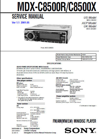 SONY MDX-C8500X MDX-C8500R FM AM MW LW MINIDISC PLAYER SERVICE MANUAL INC BLK DIAGS PCBS SCHEM DIAGS AND PARTS LIST 108 PAGES ENG