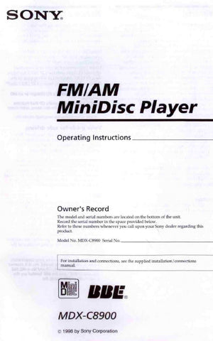 SONY MDX-C8900 FM AM MINIDISC PLAYER OPERATING INSTRUCTIONS 20 PAGES ENG