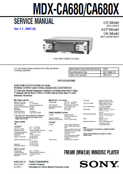 SONY MDX-CA680 MDX-CA680X FM AM MW LW MINIDISC PLAYER SERVICE MANUAL INC BLK DIAGS PCBS SCHEM DIAGS AND PARTS LIST 64 PAGES ENG