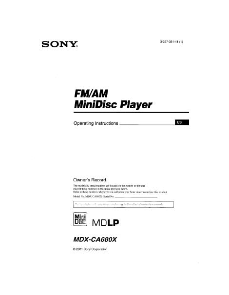 SONY MDX-CA680X FM AM MINIDISC PLAYER OPERATING INSTRUCTIONS 28 PAGES ENG