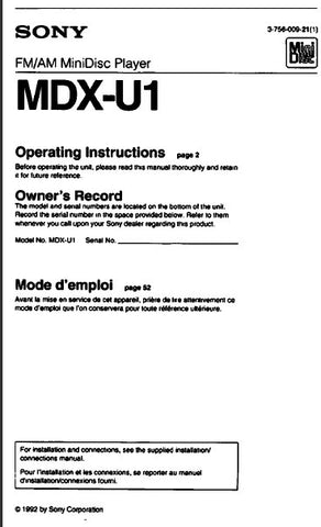 SONY MDX-U1 FM AM MINIDISC PLAYER OPERATING INSTRUCTIONS 111 PAGES ENG