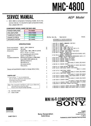 SONY MHC-4800 MINI HIFI COMPONENT SYSTEM TA-H4800 POWER AMPLIFIER SEQ-4800 GRAPHIC EQUALIZER HCD-H4800 TUNER CD PLAYER TC-H4800 STEREO CASSETTE DECK SERVICE MANUAL INC BLK DIAGS PCBS SCHEM DIAGS AND PARTS LIST 95 PAGES ENG