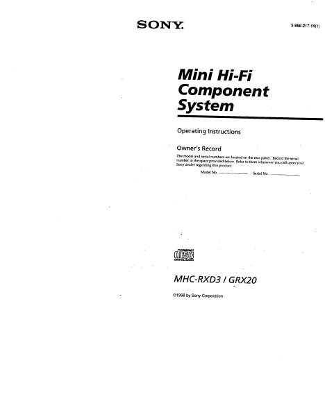 SONY MHC-GRX20 DHC-MDX10 MHC-RXD3 MINI HIFI COMPONENT SYSTEM OPERATING INSTRUCTIONS 127 PAGES ENG