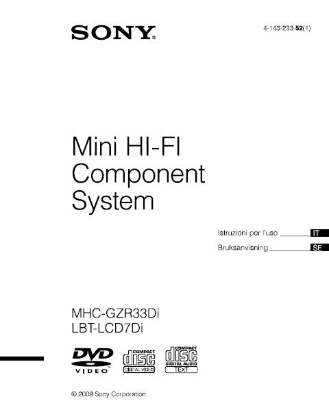 SONY MHC-GZR33Di LBT-LCD7FDi MINI HIFI COMPONENT SYSTEM ISTRUZIONI PER L'USO BRUKSANVISNING 295 PAGES ITAL SWED