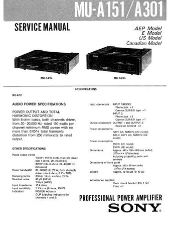 SONY MU-A151 MU-A301 PROFESSIONAL POWER AMPLIFIER SERVICE MANUAL INC PCBS SCHEM DIAGS AND PARTS LIST 21 PAGES ENG