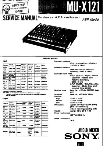 SONY MU-X121 AUDIO MIXER SERVICE MANUAL INC BLK DIAG SCHEM DIAGS AND PARTS LIST 38 PAGES ENG
